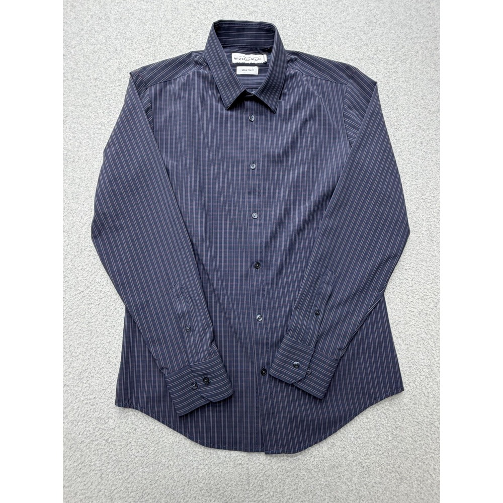 Mizzen+Main Leeward Dress Shirt Mens Medium Trim Fit Blue Plaid Non Iron Stretch